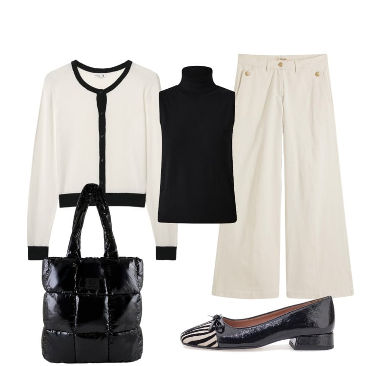 Outfit donna - Il cardigan elegante. Stile Chic per Tutti i giorni. Abbinamento con pantaloni, cardigans, maglieria, shopping bag, ballerine.