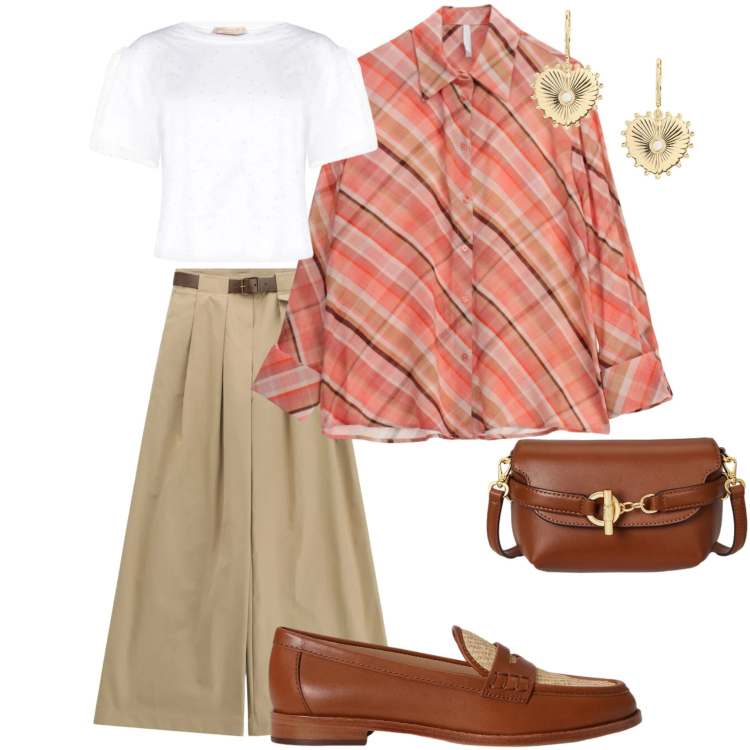 Outfit donna - Total look #2349843. Stile Bon Ton per Tutti i giorni. Abbinamento con camicie, pantaloni a palazzo, t-shirt, borse a tracolla, orecchini, mocassini.