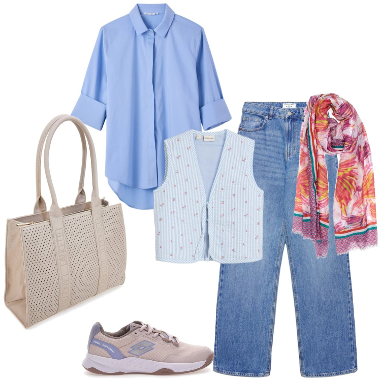 Outfit donna - Total look #2349846. Stile Casual chic per Tutti i giorni. Abbinamento con gilet, camicie, jeans, sneakers, borse a spalla, sciarpe.