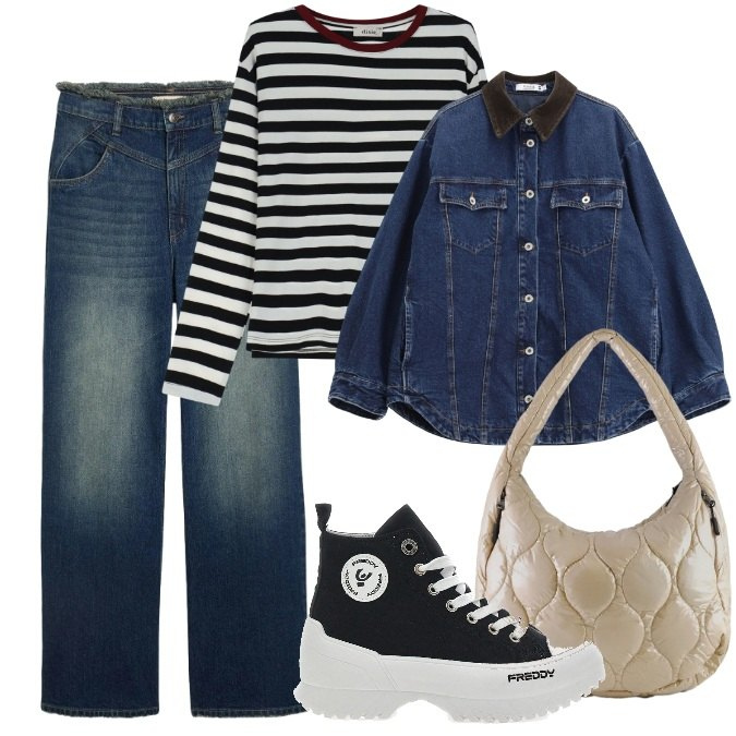 Outfit donna - Denim di mezza stagione. Stile Casual per Tutti i giorni. Abbinamento con jeans dritti, t-shirt, blazer, borse tote, sneakers alte.
