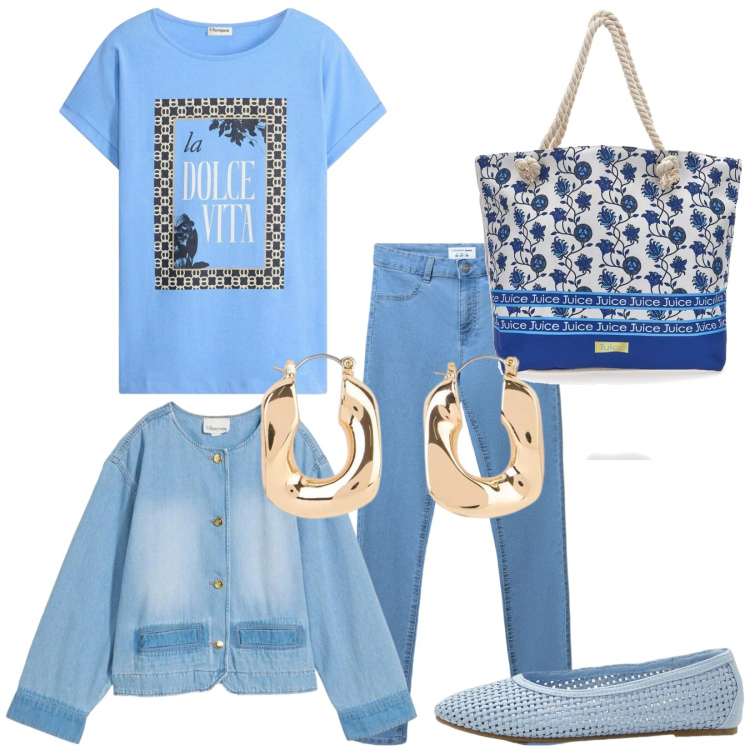 Outfit donna - Spring. Stile Casual chic per Tutti i giorni. Abbinamento con orecchini, t-shirt, blazer, ballerine, jeggings, shopping bag.