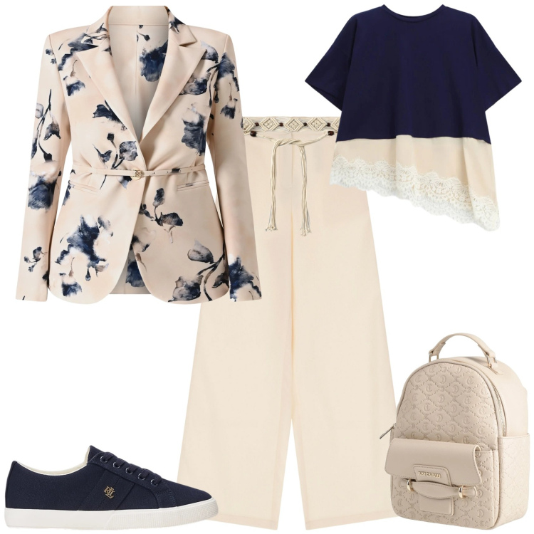 Outfit donna - Romantica ufficio tempo libero. Stile Romantica per Tutti i giorni. Abbinamento con zaini, cinture, pantaloni, t-shirt, blazer, sneakers.