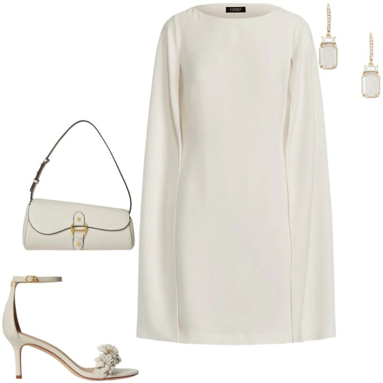 Outfit donna - Total white Lauren compleanno primavera. Stile Chic per Cerimonia. Abbinamento con vestiti, borse a spalla, sandali in pelle, orecchini.