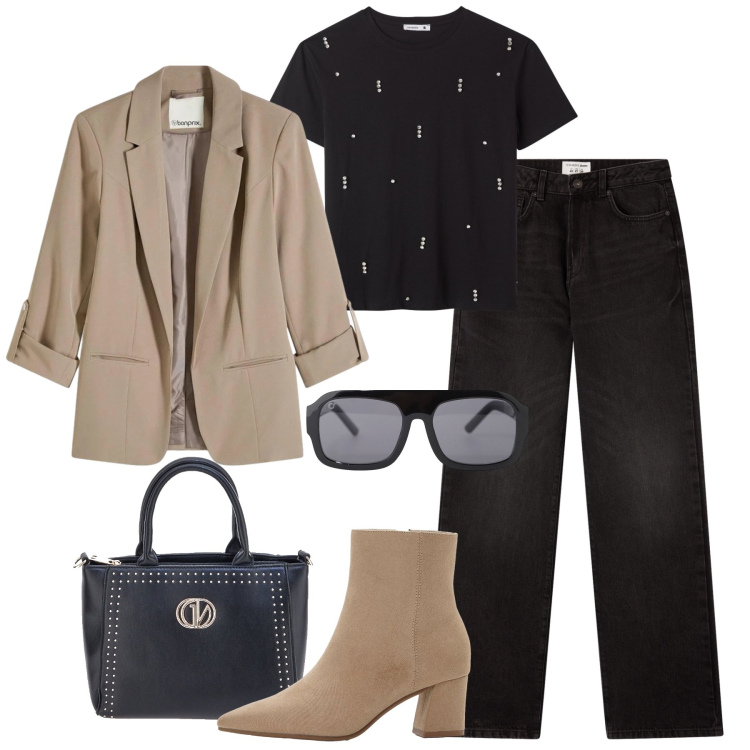 Outfit donna - Blazer sui jeans - @Laloba. Stile Casual chic per Tutti i giorni. Abbinamento con blazer, stivaletti, t-shirt, jeans dritti, occhiali da sole, borse a mano.