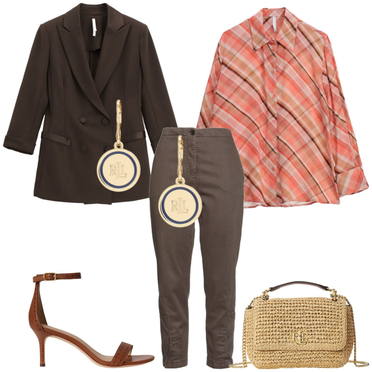 Outfit donna - Total look #2349855. Stile Chic per Serata fuori. Abbinamento con jeans slim fit, blazer, camicie, borse a spalla, orecchini, sandali in pelle.