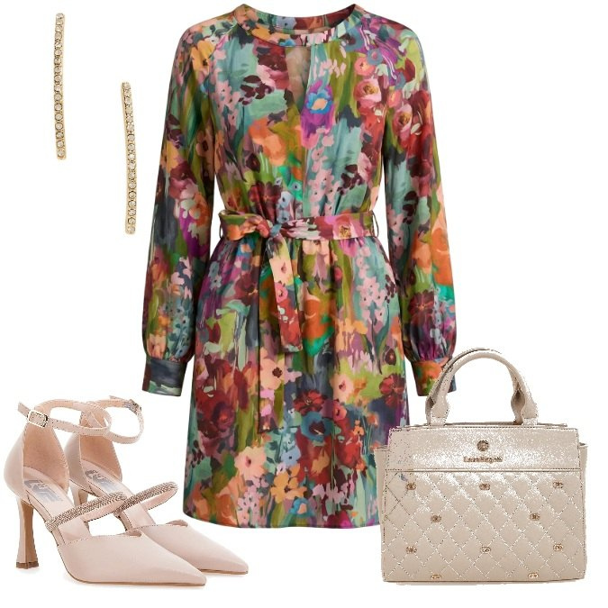 Outfit donna - Rifiorisce primavera. Stile Casual chic per Ufficio. Abbinamento con vestiti corti, orecchini, décolleté, borse a mano.