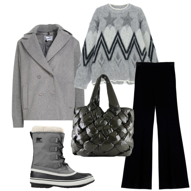 Outfit donna - Total look #2349857. Stile Casual chic per Tutti i giorni. Abbinamento con caban, stivali da neve, pantaloni, maglieria, borse tote.
