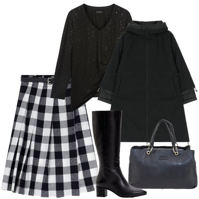 Outfit donna - Scacco matto. Stile Urban per Tutti i giorni. Abbinamento con stivali, t-shirt, gonne, parka, borse a mano.