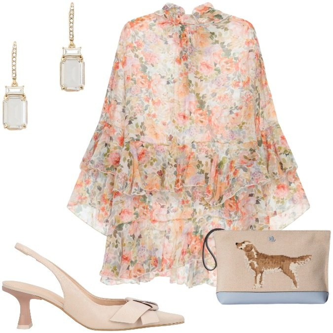 Outfit donna - Rifiorisce primavera. Stile Romantica per Cerimonia. Abbinamento con décolleté, vestiti corti, orecchini, pochette.