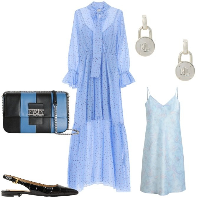 Outfit donna - Sofisticata. Stile Chic per Cerimonia. Abbinamento con borse a tracolla, vestiti lunghi, orecchini, ballerine, sottovesti.