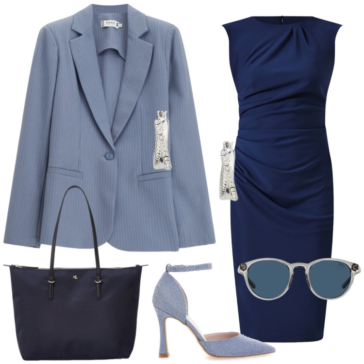 Outfit donna - Total look #2349871. Stile Chic per Ufficio. Abbinamento con blazer, vestiti a tubino, orecchini, occhiali da sole, borse tote, décolleté.
