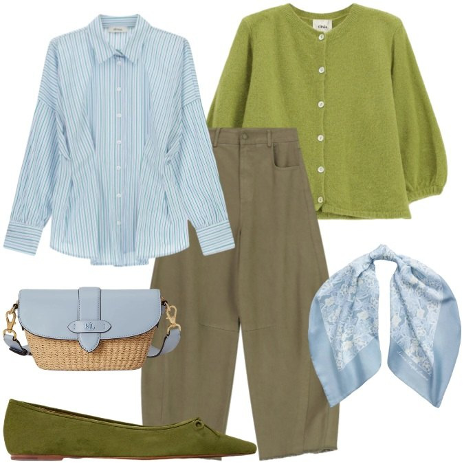 Outfit donna - Profumo nell\'aria. Stile Casual chic per Tutti i giorni. Abbinamento con camicie, cardigans, pantaloni a palazzo, ballerine, borse a spalla, foulard.