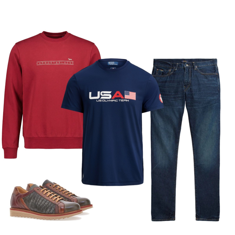 Outfit uomo - Orgoglio Sportivo in Rosso e Blu. Stile Trendy per Tutti i giorni. Abbinamento con felpe, jeans, t-shirt, scarpe stringate.