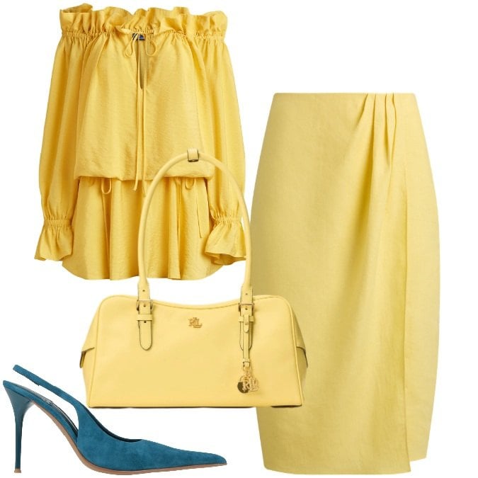 Outfit donna - Marzo pieno di luce. Stile Trendy per Ufficio. Abbinamento con décolleté, vestiti, borse a mano, gonne.