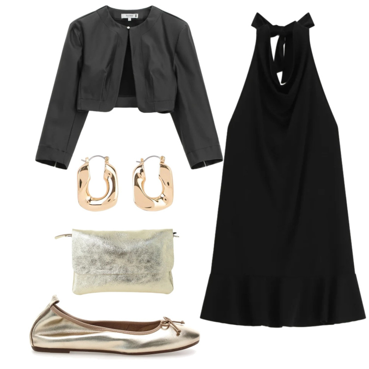 Outfit donna - Le ballerine Gold per la sera. Stile Glamour per Serata fuori. Abbinamento con orecchini, borse a spalla, vestiti corti, blazer, ballerine.