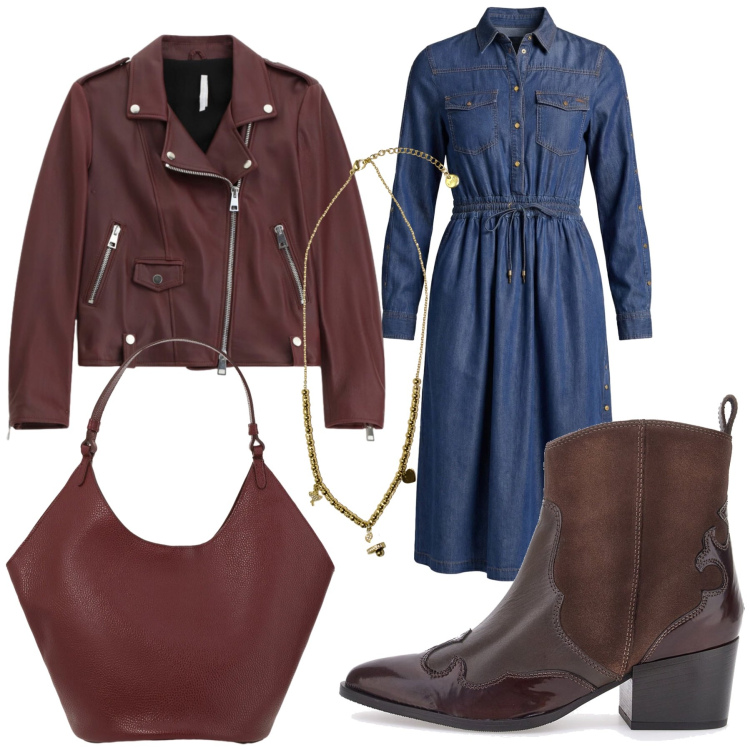 Outfit donna - Total look #2349877. Stile Casual chic per Scuola/Università. Abbinamento con vestiti chemisier, giacche, borse a spalla, ciondoli, stivaletti texani.