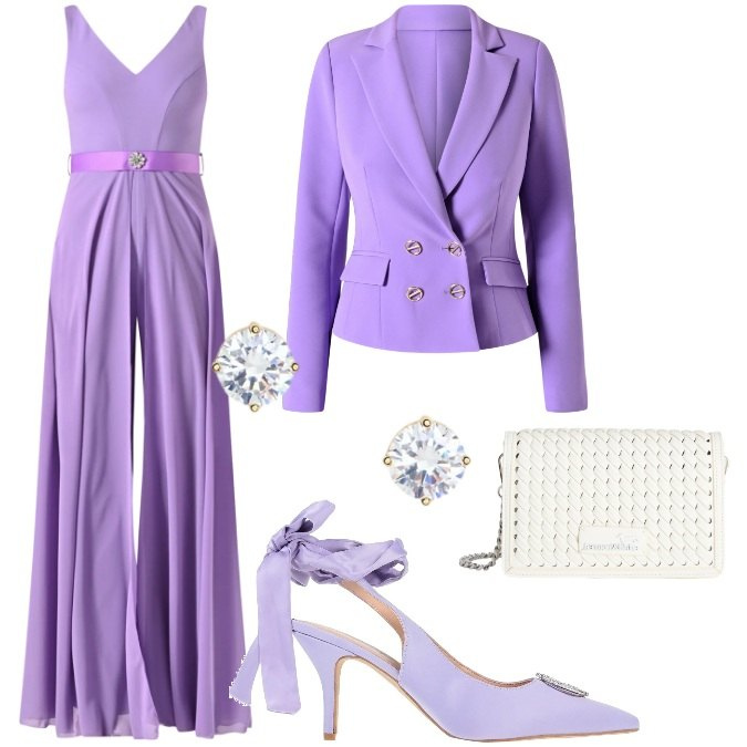 Outfit donna - Invito nel pomeriggio. Stile Chic per Cerimonia. Abbinamento con décolleté, borse a tracolla, tute, blazer, orecchini.