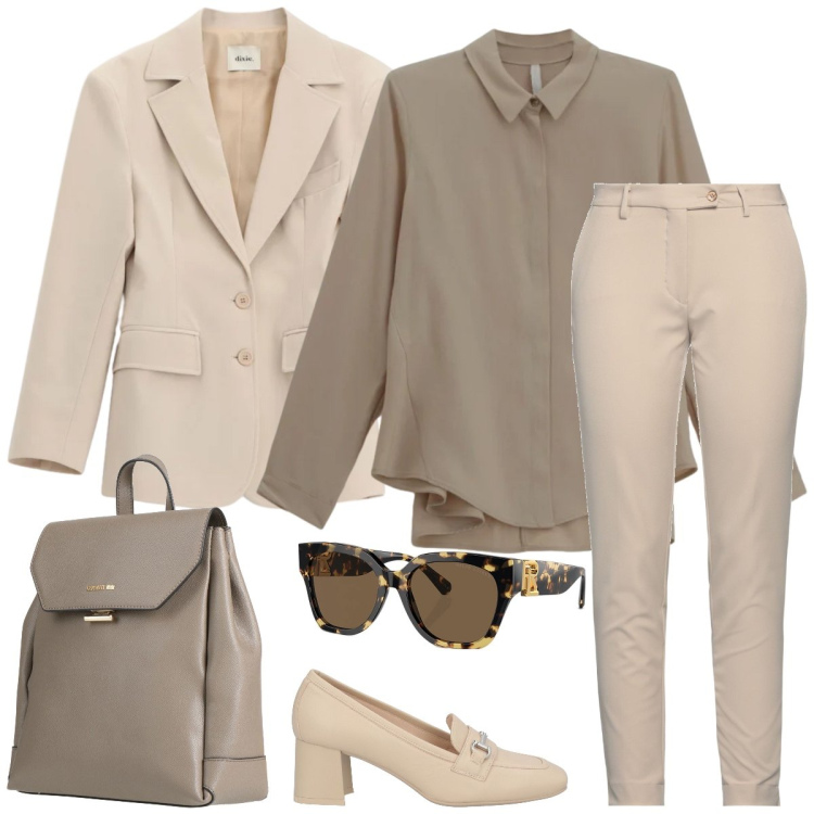Outfit donna - Total look #2349880. Stile Chic per Ufficio. Abbinamento con pantaloni, zaini, mocassini, camicie, blazer, occhiali da sole.