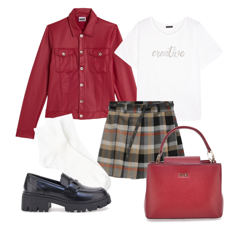 Outfit donna - Marzo. Stile Preppy per Tutti i giorni. Abbinamento con t-shirt, minigonne, giacche, mocassini, calzini, borse a mano.