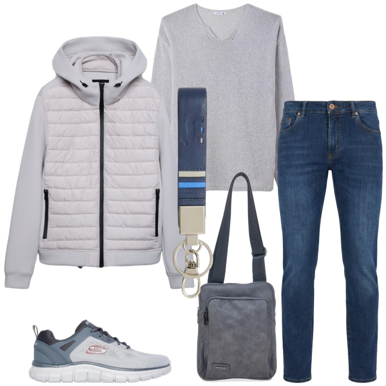 Outfit uomo - Total look #2349886. Stile Urban per Tutti i giorni. Abbinamento con portachiavi, jeans, giacche, maglieria, sneakers, portafogli.
