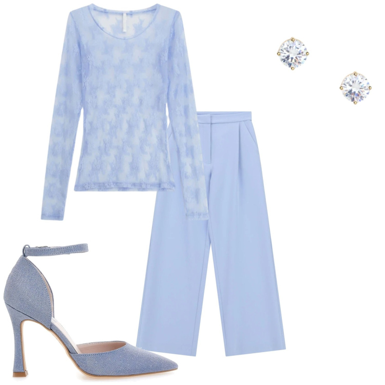 Outfit donna - Elegante in azzurro. Stile Glamour per Serata fuori. Abbinamento con bluse, pantaloni, orecchini, décolleté.