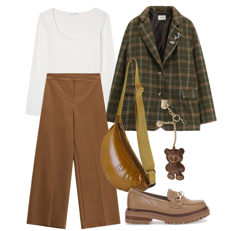 Outfit donna - Marzo. Stile Casual chic per Tutti i giorni. Abbinamento con pantaloni a palazzo, t-shirt, blazer, portachiavi, borse sportive, mocassini.