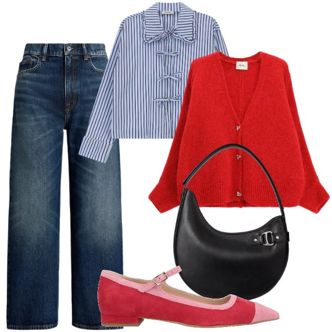 Outfit donna - Chic in jeans. Stile Chic per Tutti i giorni. Abbinamento con ballerine, cardigans, camicie, jeans, borse a spalla.