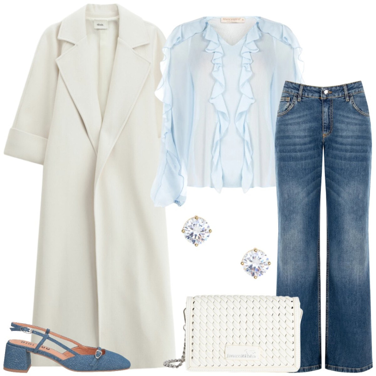 Outfit donna - Total look #2349892. Stile Romantica per Tutti i giorni. Abbinamento con décolleté, borse a tracolla, cappotti, bluse, jeans, orecchini.