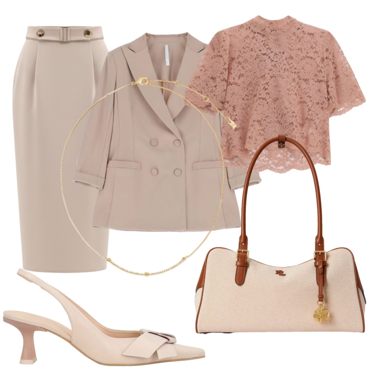Outfit donna - Total look #2349893. Stile Bon Ton per Cerimonia. Abbinamento con décolleté, top, blazer, gonne longuette, collane, borse a mano.