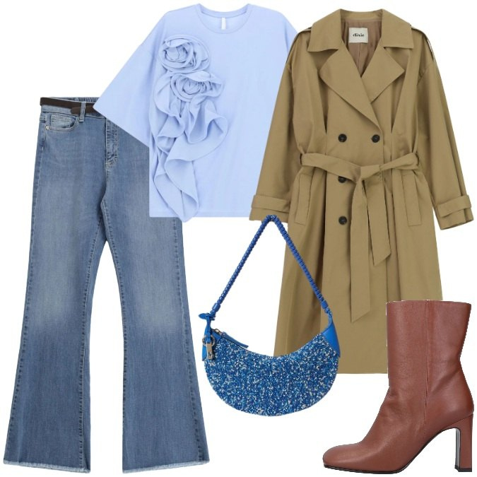 Outfit donna - Jeans trench e si esce. Stile Trendy per Serata fuori. Abbinamento con stivaletti, t-shirt, trench, jeans, borse a spalla.