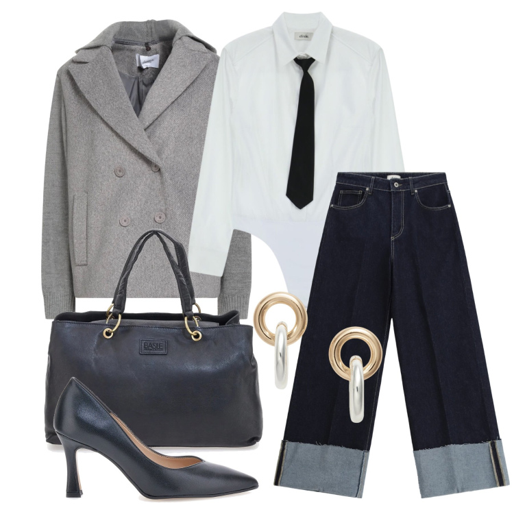 Outfit donna - Marzo. Stile Mannish per Tutti i giorni. Abbinamento con caban, jeans, camicie, orecchini, borse a mano, décolleté.