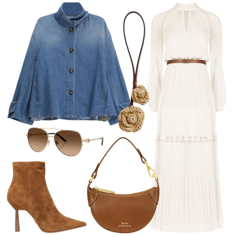 Outfit donna - Total look #2349897. Stile Romantica per Tutti i giorni. Abbinamento con stivaletti, blazer, vestiti lunghi, ciondoli, occhiali da sole, borse a tracolla.