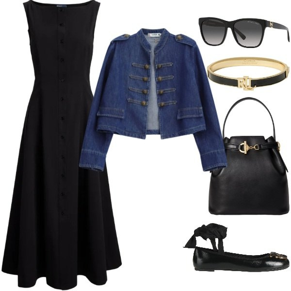 Outfit donna - La Giacca in Denim di Please. Stile Chic per Serata fuori. Abbinamento con ballerine, blazer, vestiti, borse a secchiello, occhiali da sole, braccialetti.