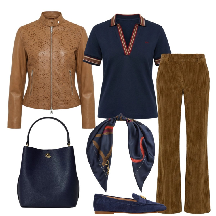 Outfit donna - Total look #2349902. Stile Casual chic per Tutti i giorni. Abbinamento con pantaloni, giacche, polo, mocassini, borse a secchiello, foulard.