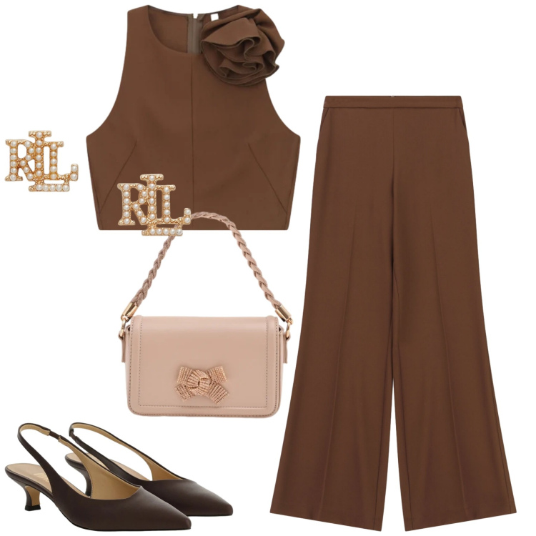 Outfit donna - Imperial. Stile Chic per Tutti i giorni. Abbinamento con top, pantaloni a palazzo, décolleté, pochette, orecchini.