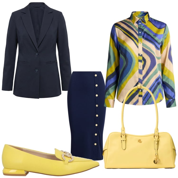 Outfit donna - Vivace. Stile Chic per Serata fuori. Abbinamento con mocassini, camicie, blazer, gonne, borse a mano.