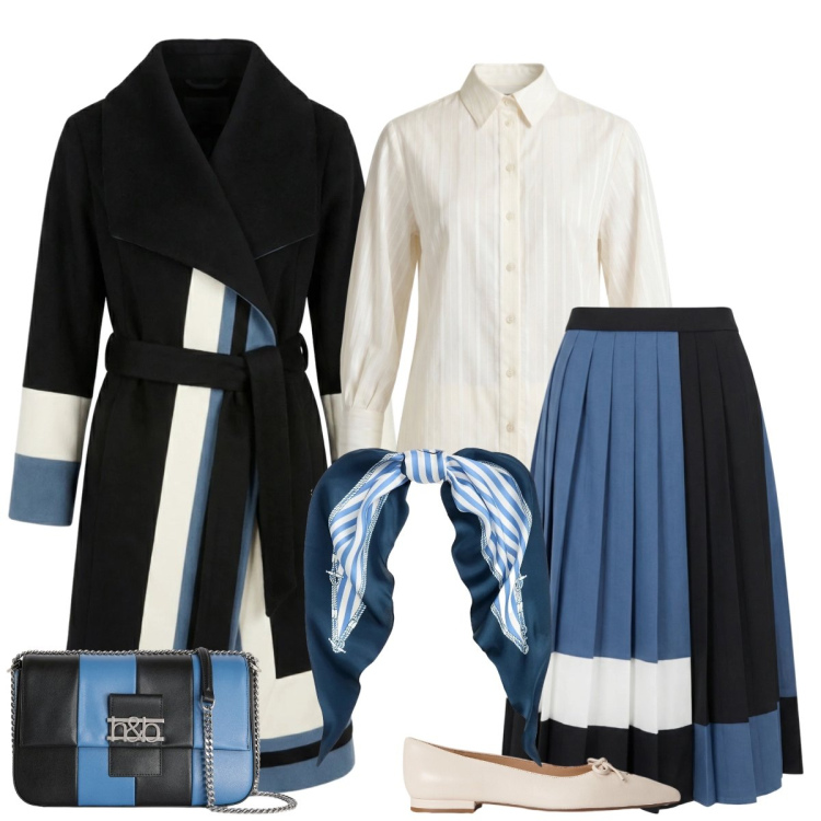 Outfit donna - Total look #2349907. Stile Preppy per Tutti i giorni. Abbinamento con gonne longuette, borse a tracolla, camicie, cappotti, foulard, ballerine.