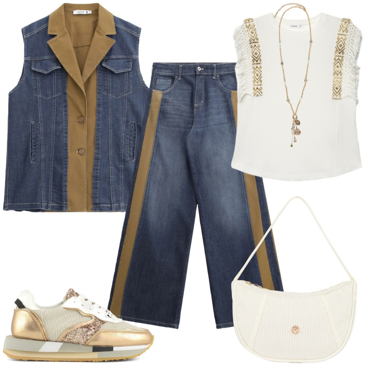 Outfit donna - Assaggi d\'estate. Stile Trendy per Tutti i giorni. Abbinamento con t-shirt, ciondoli, gilet, jeans a zampa, borse a mano, sneakers.