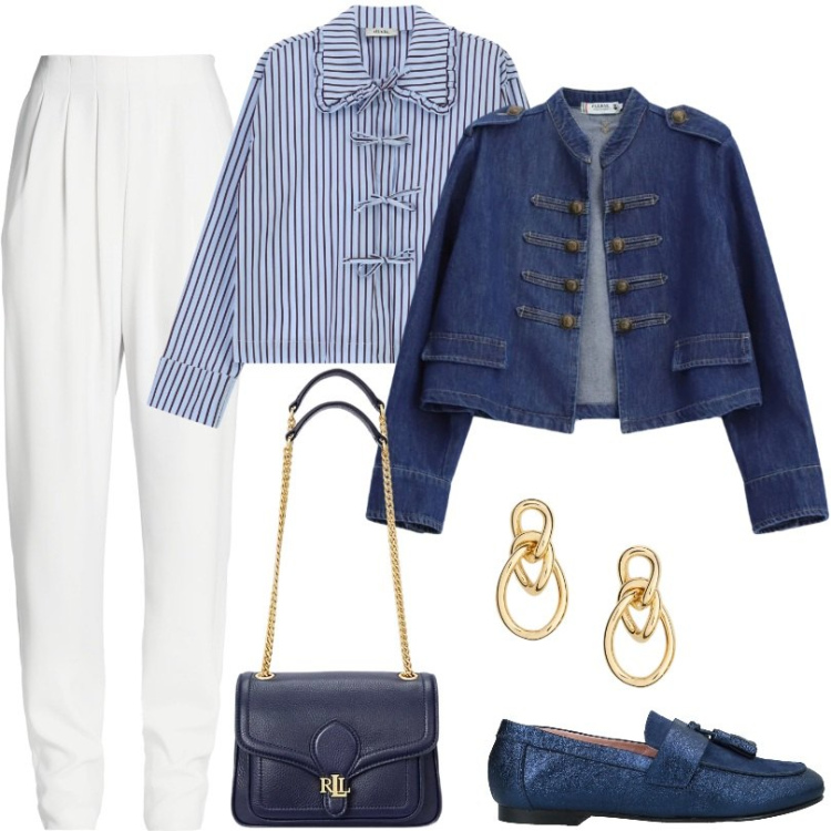 Outfit donna - Giacca bottoni d’ispirazione militare. Stile Casual per Tutti i giorni. Abbinamento con mocassini, pantaloni, camicie, blazer, borse a spalla, orecchini.