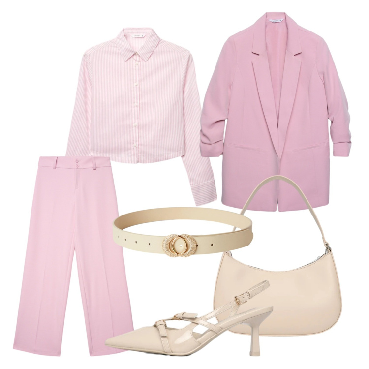 Outfit donna - Buon inizio di primavera in rosa. Stile Chic per Ufficio. Abbinamento con pantaloni, camicie, borse a tracolla, cinture, décolleté, blazer.