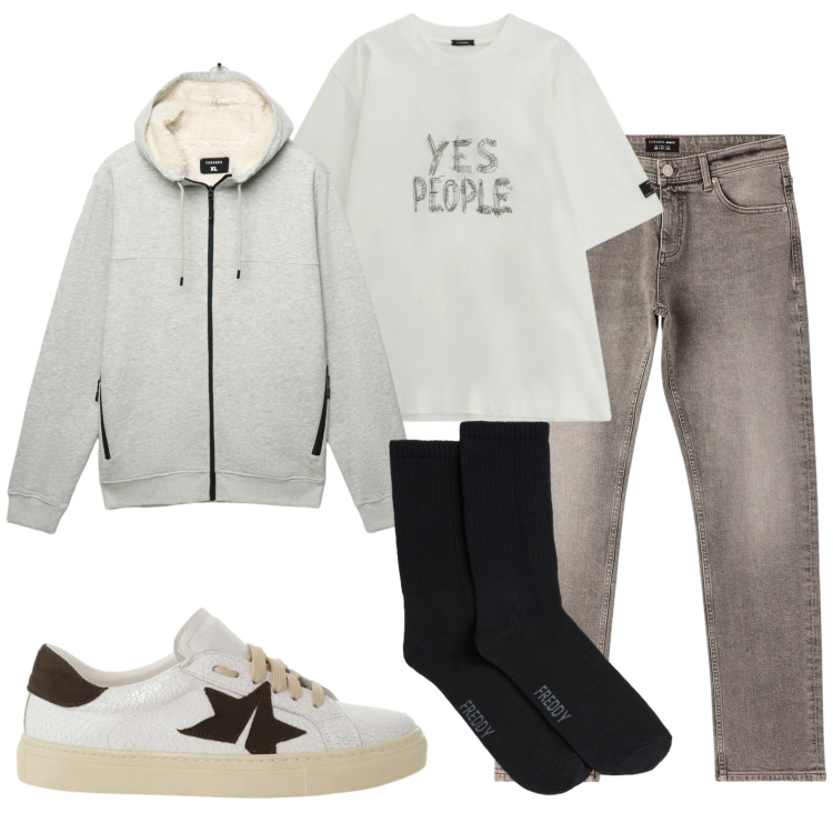 Outfit uomo - Felpa con cappuccio. Stile Casual per Tutti i giorni. Abbinamento con sneakers, t-shirt, felpe con cappuccio, jeans, calzini.