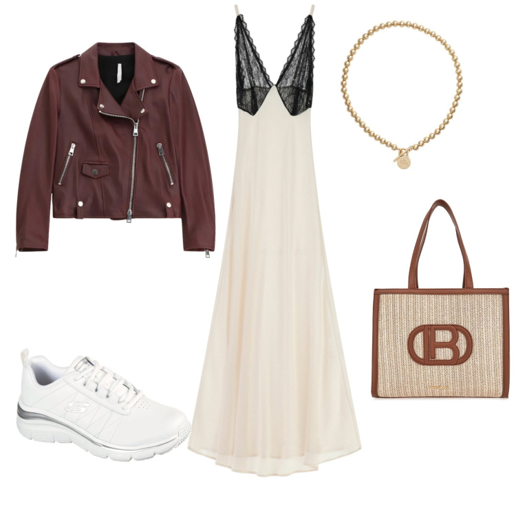 Outfit donna - Contrasti di Seta e Cuoio. Stile Glamour per Tutti i giorni. Abbinamento con giacche, vestiti lunghi, collane, borse a spalla, sneakers.