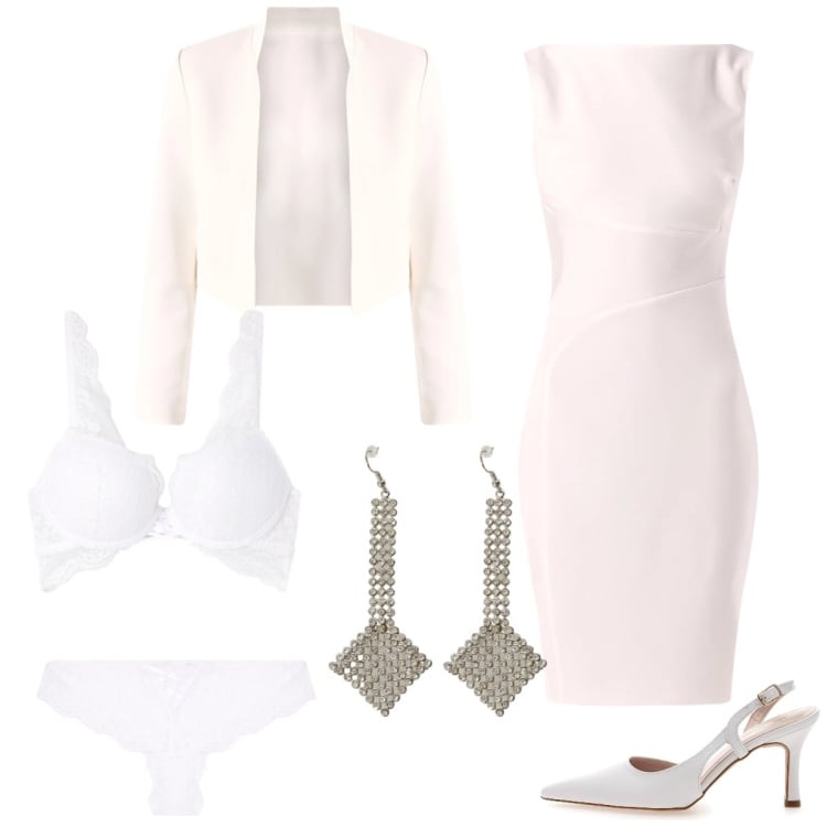 Outfit donna - Sposa di marzo. Stile Chic per Cerimonia. Abbinamento con reggiseni, culotte, vestiti a tubino, bolero, orecchini, décolleté.