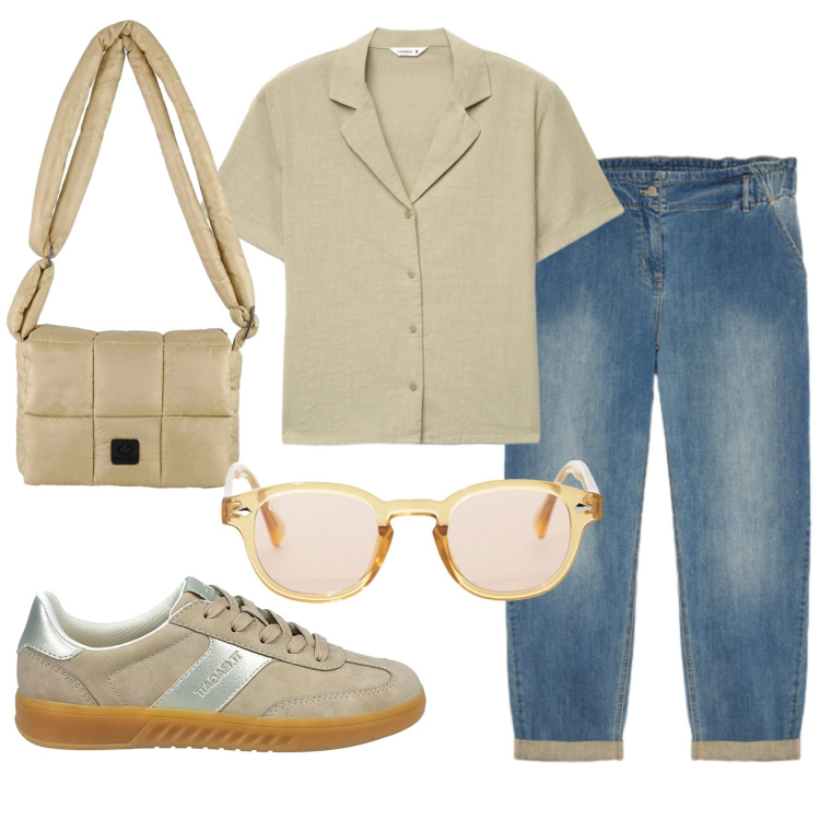 Outfit donna - Total look #2349923. Stile Basic per Tutti i giorni. Abbinamento con camicie a manica corta, occhiali da sole, jeans, borse a spalla, sneakers.