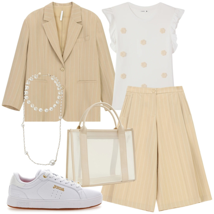 Outfit donna - Per un inizio primavera. Stile Trendy per Tutti i giorni. Abbinamento con borse tote, t-shirt, pantaloni, blazer, collane, sneakers.