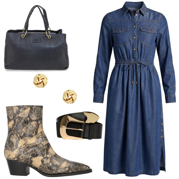 Outfit donna - Abito di jeans. Stile Urban per Tutti i giorni. Abbinamento con stivaletti texani, vestiti chemisier, cinture, orecchini, borse a mano.