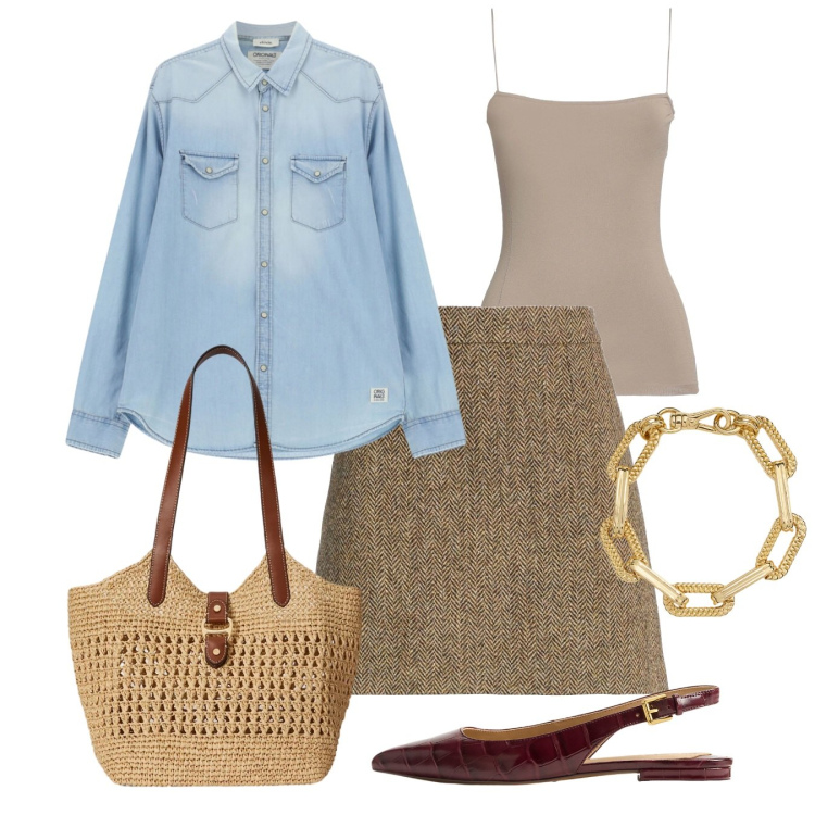 Outfit donna - Denim di mezza stagione. Stile Chic per Ufficio. Abbinamento con minigonne, top, camicie, ballerine, braccialetti, borse tote.