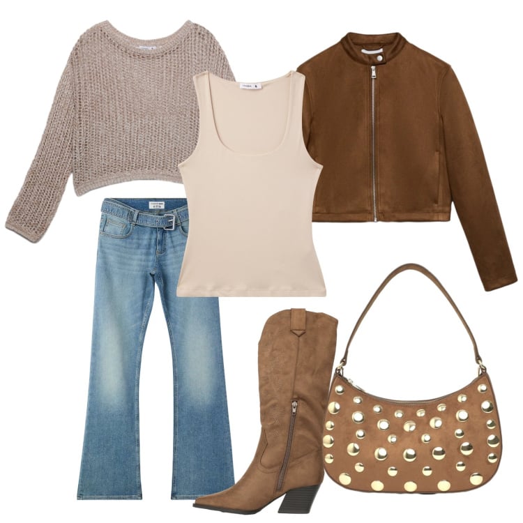 Outfit donna - New spring new outfit. Stile Trendy per Tutti i giorni. Abbinamento con maglieria, giacche, canottiere, jeans a zampa, stivali, borse a tracolla.