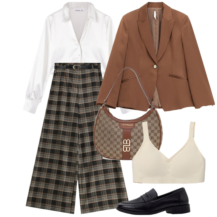Outfit donna - Marzo lunedì. Stile Bon Ton per Ufficio. Abbinamento con mocassini, bralette, camicie, pantaloni a palazzo, blazer, borse a spalla.