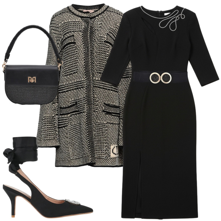 Outfit donna - Serata chic. Stile Chic per Serata fuori. Abbinamento con cappotti, décolleté, borse a spalla, cinture, vestiti asimmetrici.